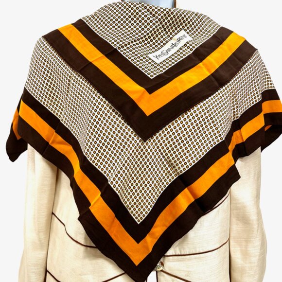 Vgt  Yves Saint Laurent  scarf 100% silk satin/rayon 30" Brown Orange dott (27) - Picture 2 of 10